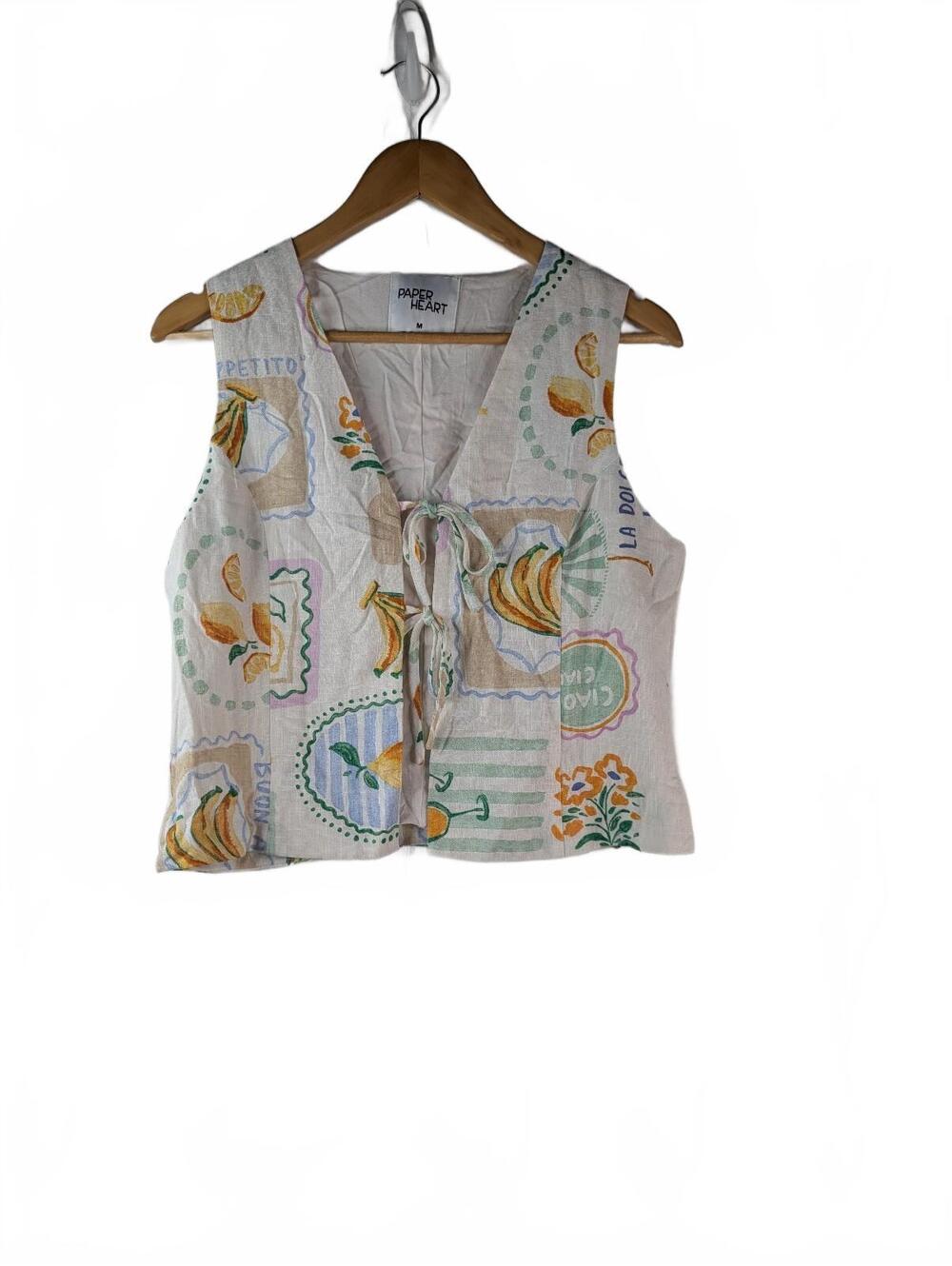 Paper Heart La Dolce Vita Fruit-Print Linen-Blend Tie-Front Vest Top Medium